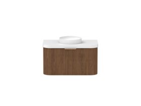 Hero - Kado Neue Fluted Double Curve All Drawer 900mm Wall Hung Vanity with Centre Basin Durasein 50mm Top Florentine Walnut
