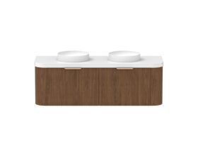 Hero - Kado Neue Fluted Double Curve All Drawer 1500mm Wall Hung Vanity with Double Basin Durasein 50mm Top Florentine Walnut