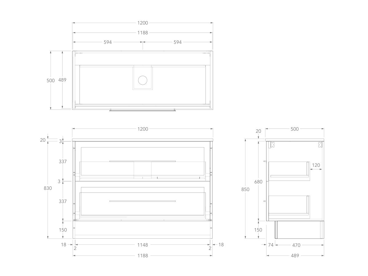 Kado Lux Floor Mounted 1200mm with Kickboard 2 Drawer Single Centre Vanity (No Basin)