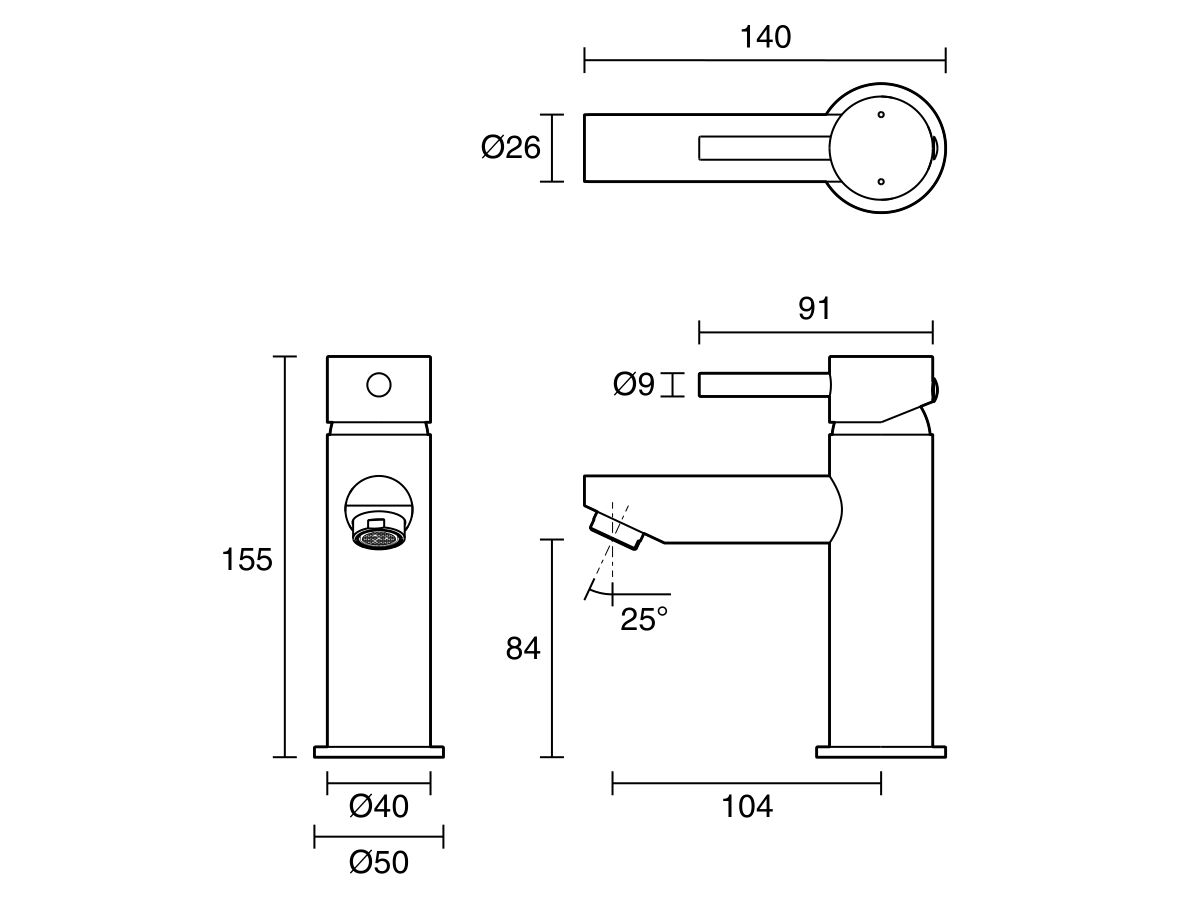 Technical Drawing - Posh Bristol Pin Basin Mixer Tap (5 Star) Lead Free