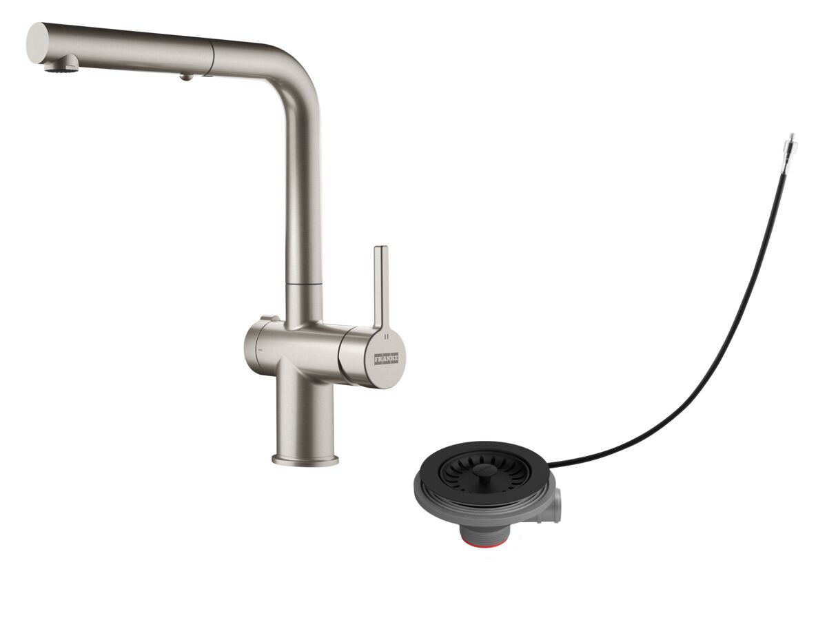Hero - Franke Active Twist Pull Out Sink Mixer Kit (Brushed Chrome Tap with Matte Black Remote Overflow Waste) (5 Star) Lead Free
