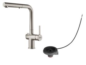 Hero - Franke Active Twist Pull Out Sink Mixer Kit (Brushed Chrome Tap with Matte Black Remote Overflow Waste) (5 Star) Lead Free