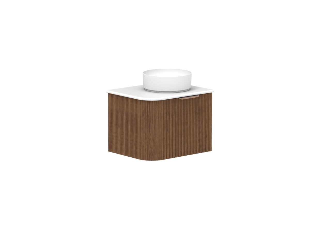 Hero - Kado Neue Fluted Single Curve All Drawer 600mm Wall Hung Vanity with Centre Basin 20mm Top Florentine Walnut