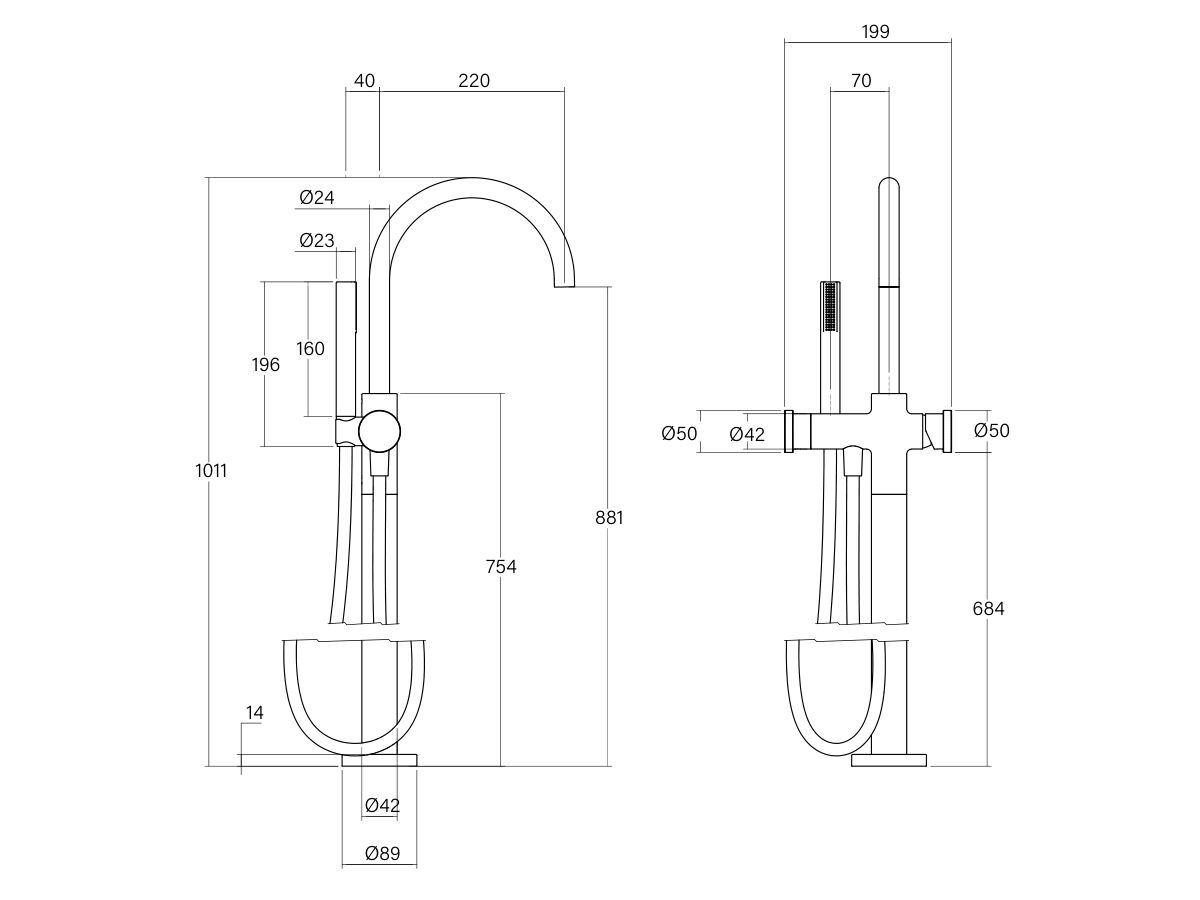 Technical Drawing - Faucet Strommen Vara Disc Floor Mounted Bath Mixer with Handshower (3 Star)