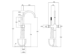 Technical Drawing - Faucet Strommen Vara Disc Floor Mounted Bath Mixer with Handshower (3 Star)