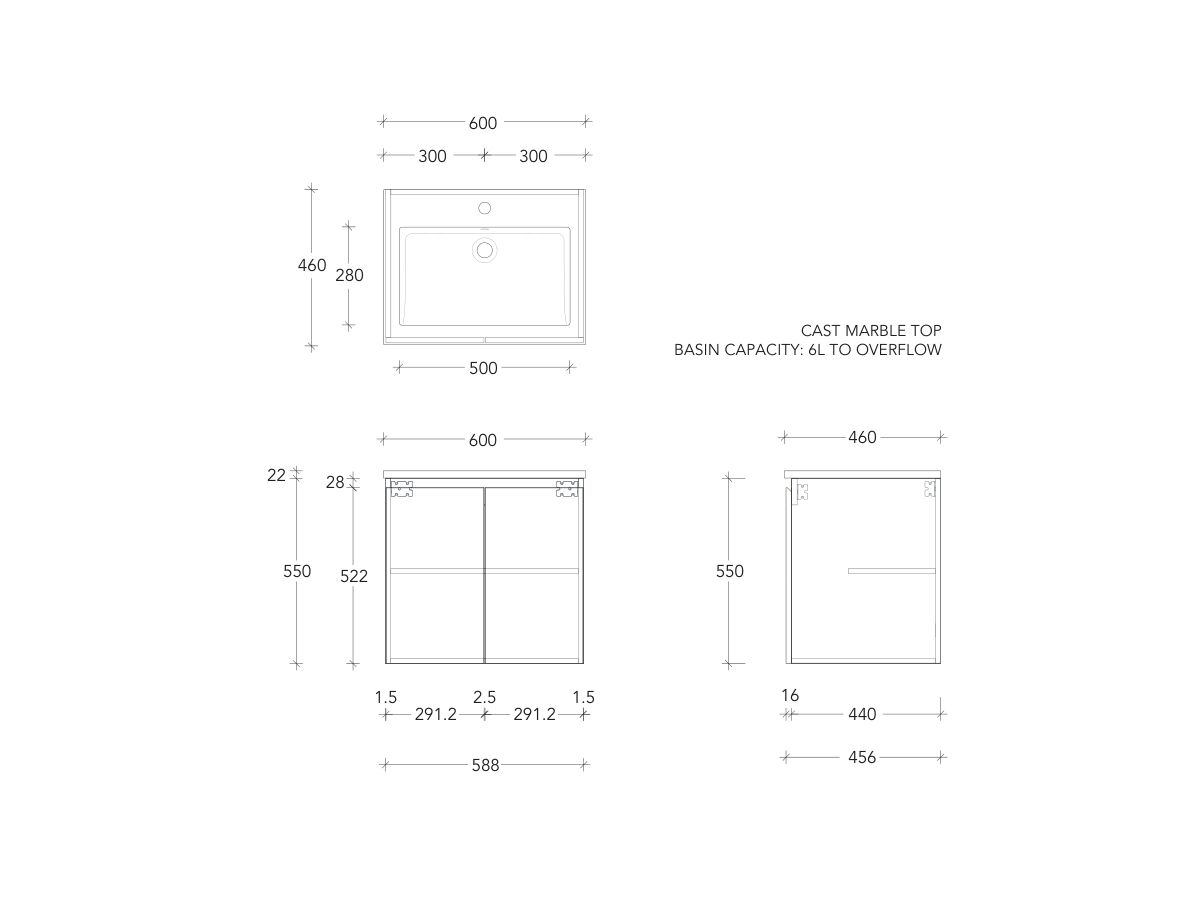 Posh Domaine Conventional 600mm Wall Hung Vanity Cast Marble Top