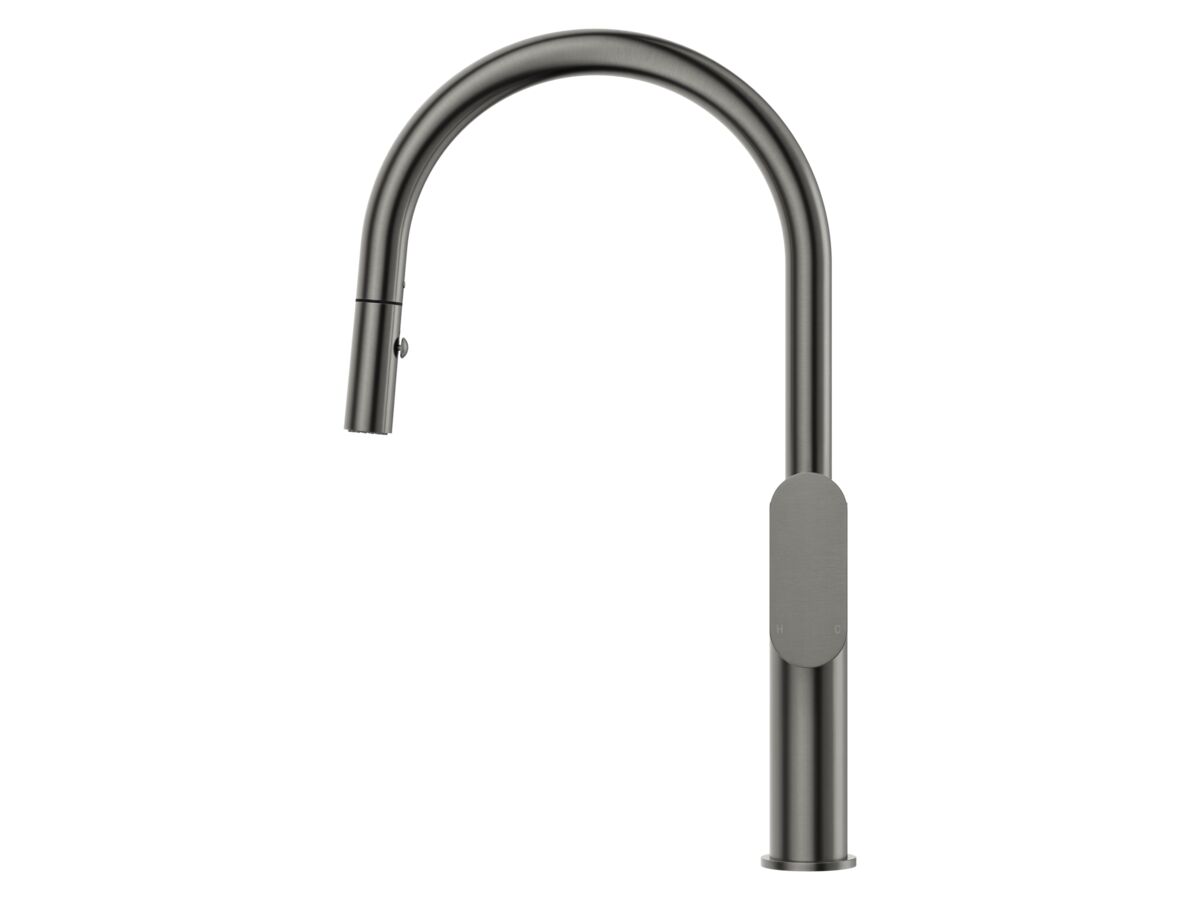 Supporting Image - Mizu Soothe MK2 Gooseneck Pull Out Sink Mixer Curved Brushed Gunmetal (5 Star) Lead Free - Side