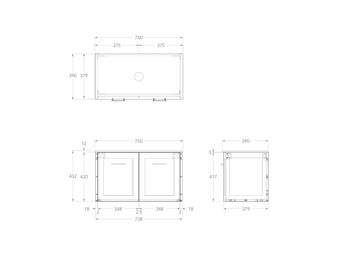 Technical Drawing - Kado Lux Ensuite All Door 750mm Wall Hung Centre Basin 12mm Durasein Top