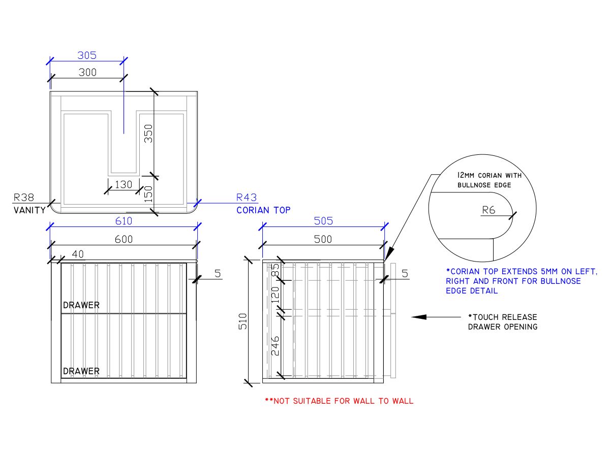 ISSY Cloud II 600mm x 500mm x 510mm Wall Hung Vanity Unit 2 Touch Latch Drawers (No Basin)