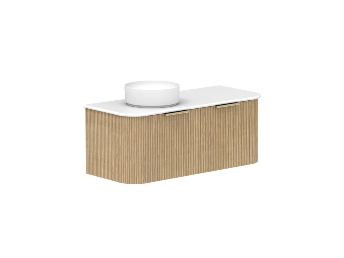 Supporting Image 2- Kado Neue Fluted Double Curve All Drawer 1200 Wall Hung Vanity with Left Hand Basin 20mm Boston Oak