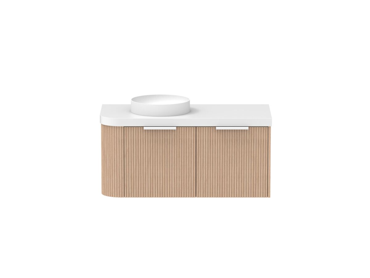 Supporting Image - Kado Neue Fluted Single Curve All Drawer 1050mm Wall Hung Vanity with Left Hand Basin Durasein 50mm Top Blonde Oak