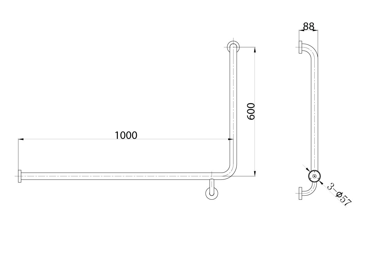 Mobi Grab Rail Corner Left Hand 1000mm x 600mm Polished Stainless Steel