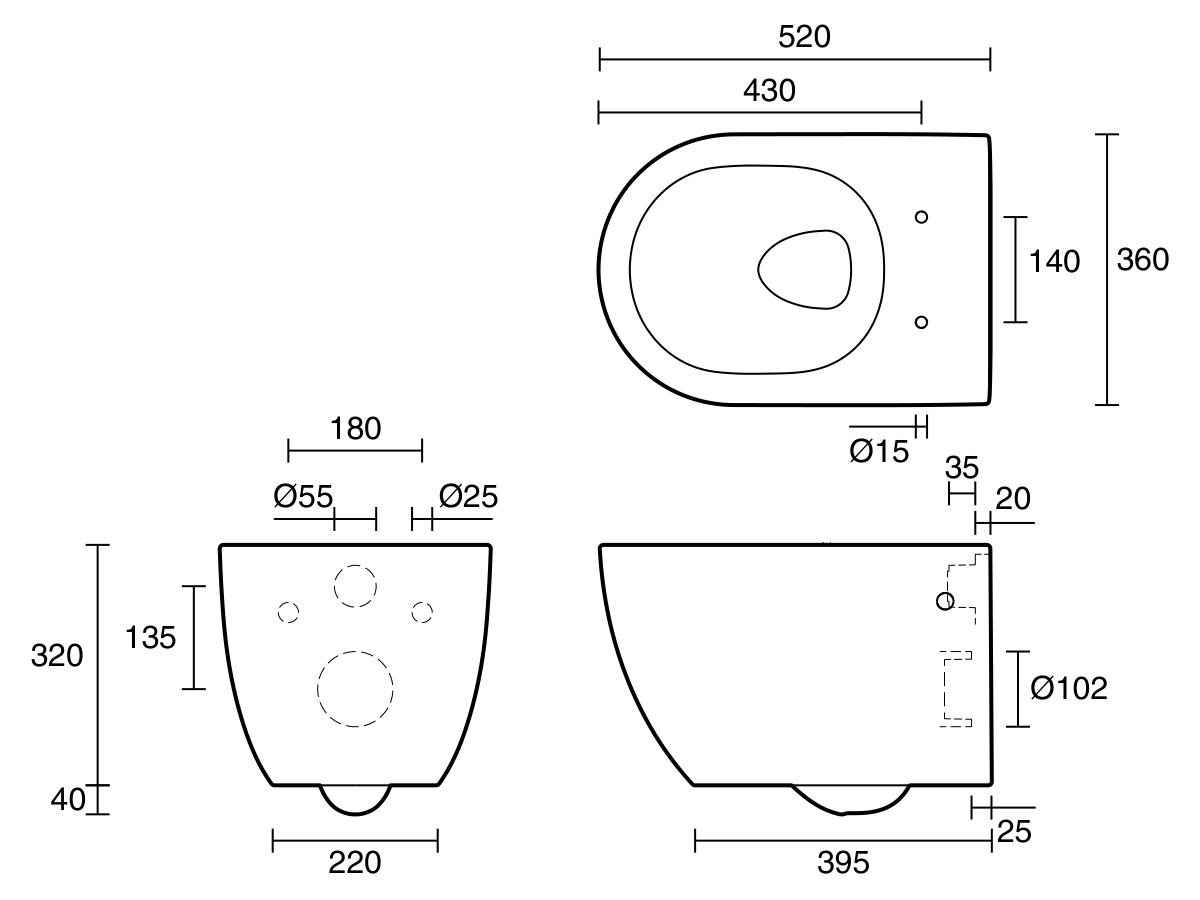 Technical Drawing - Kado Lussi Wall Hung Rimless Pan Only White (4 Star)