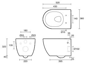 Technical Drawing - Kado Lussi Wall Hung Rimless Pan Only White (4 Star)
