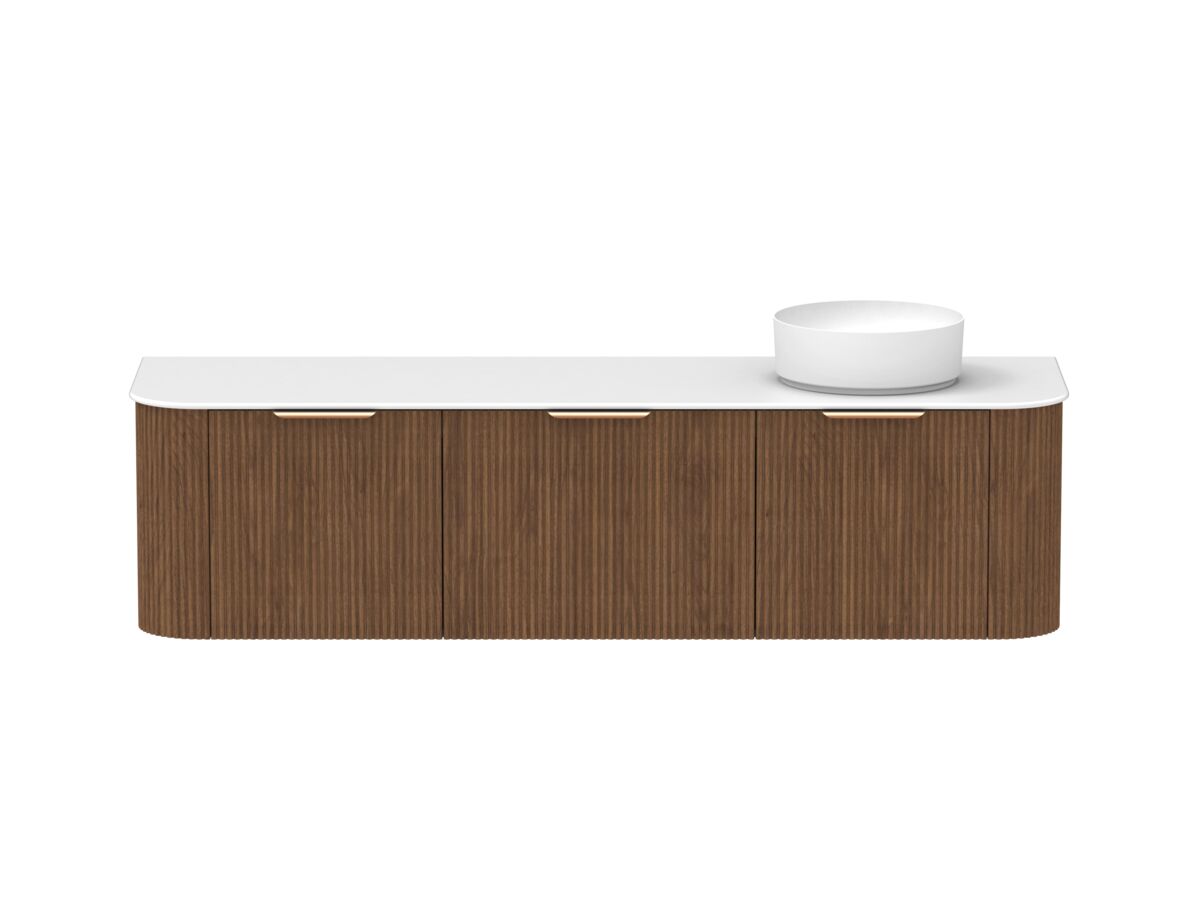 Hero - Kado Neue Fluted Double Curve All Drawer 1800 Wall Hung Vanity with Right Hand Basin Durasein 12mm Top Florentine Walnut