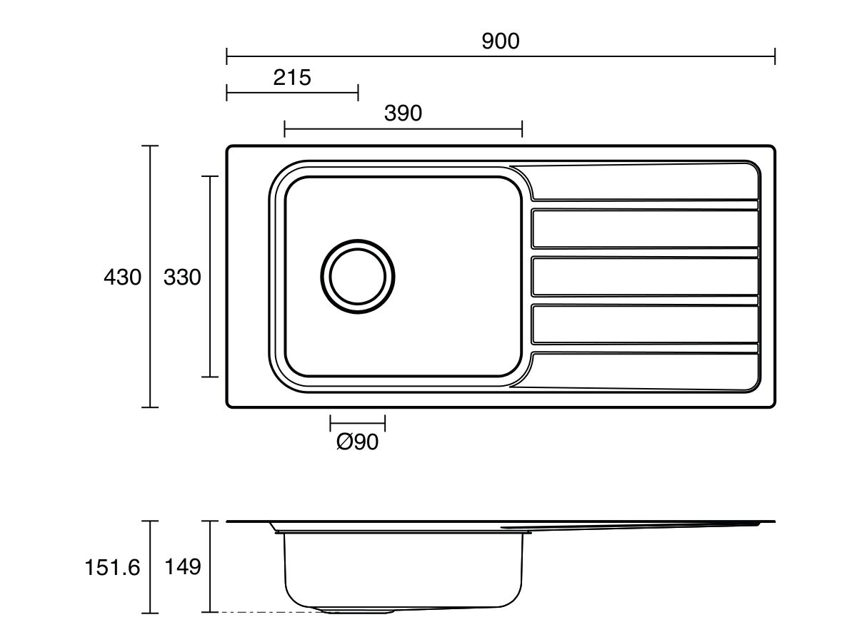 Technical Drawing - Posh Solus Care Single Bowl Sink with Drainer No Taphole No Overflow Stainless Steel