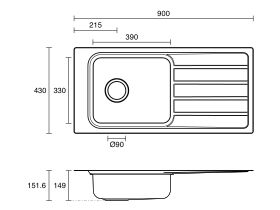 Technical Drawing - Posh Solus Care Single Bowl Sink with Drainer No Taphole No Overflow Stainless Steel