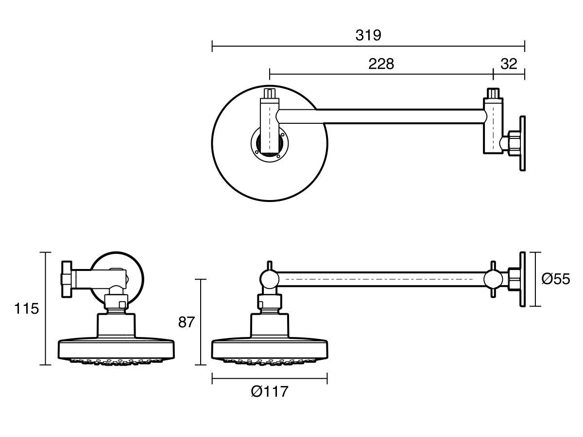 Technical Drawing - Base MK2 All Directional Shower Chrome (3 Star)
