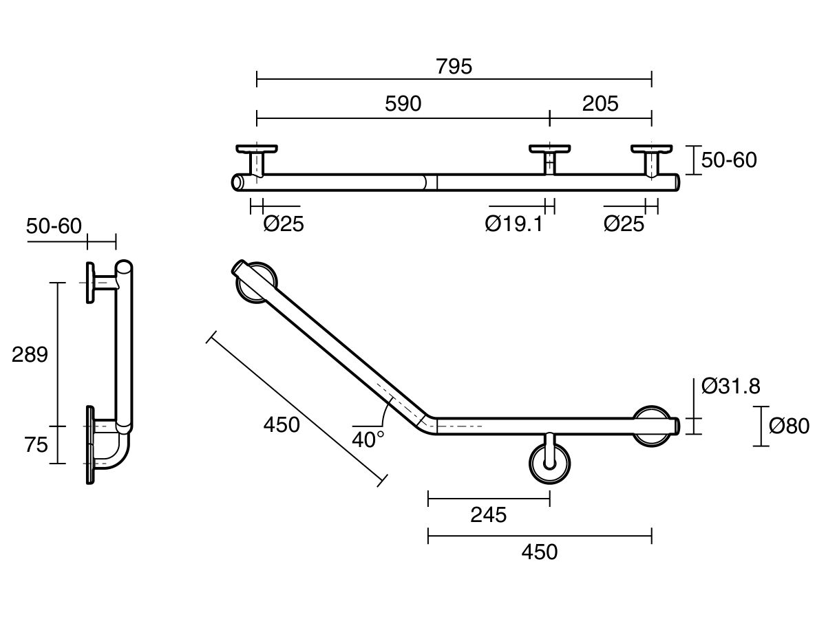 Mizu Drift 450 x 450 x 40deg Ambulant Toilet Grab Rail Right Hand