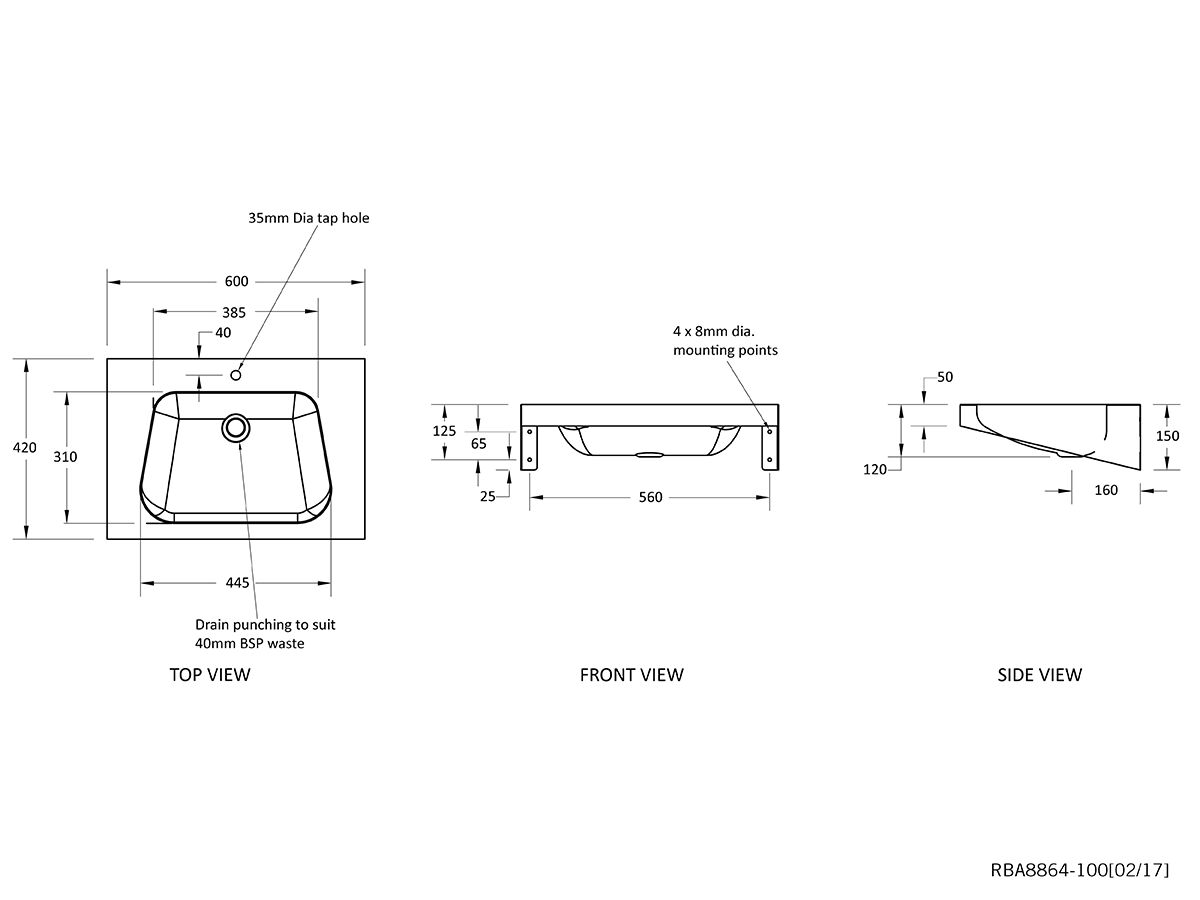 RBA Heavy Duty Wall Basin 1 Taphole Stainless Steel