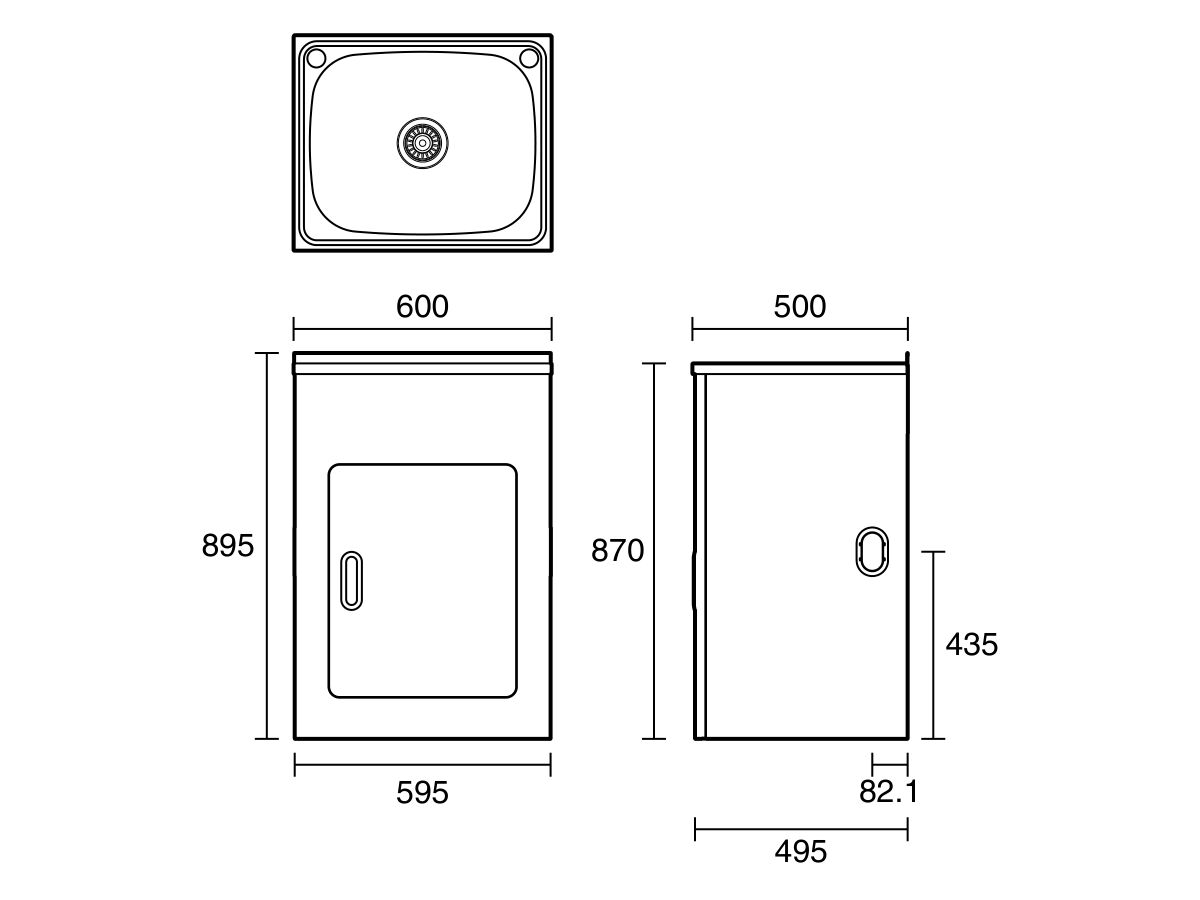 Technical Drawing  - Posh Bristol Standard Laundry Trough & Cabinet 45L with 1 Taphole and Bypass Stainless Steel