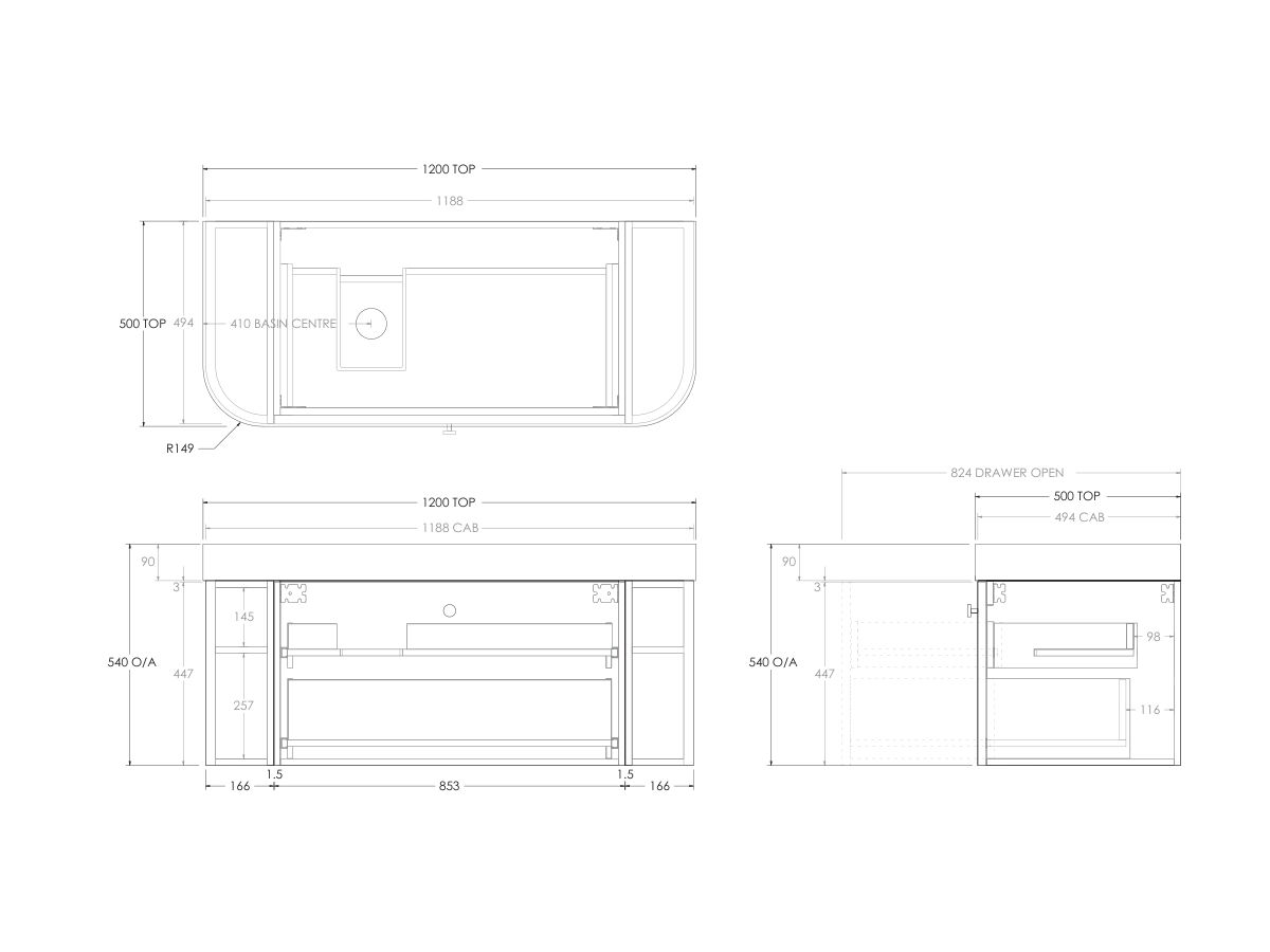 Technical Drawing - Kado Era Double Curve All Drawer 1200mm Wall Hung Vanity Left Hand Basin 90mm Durasein Top