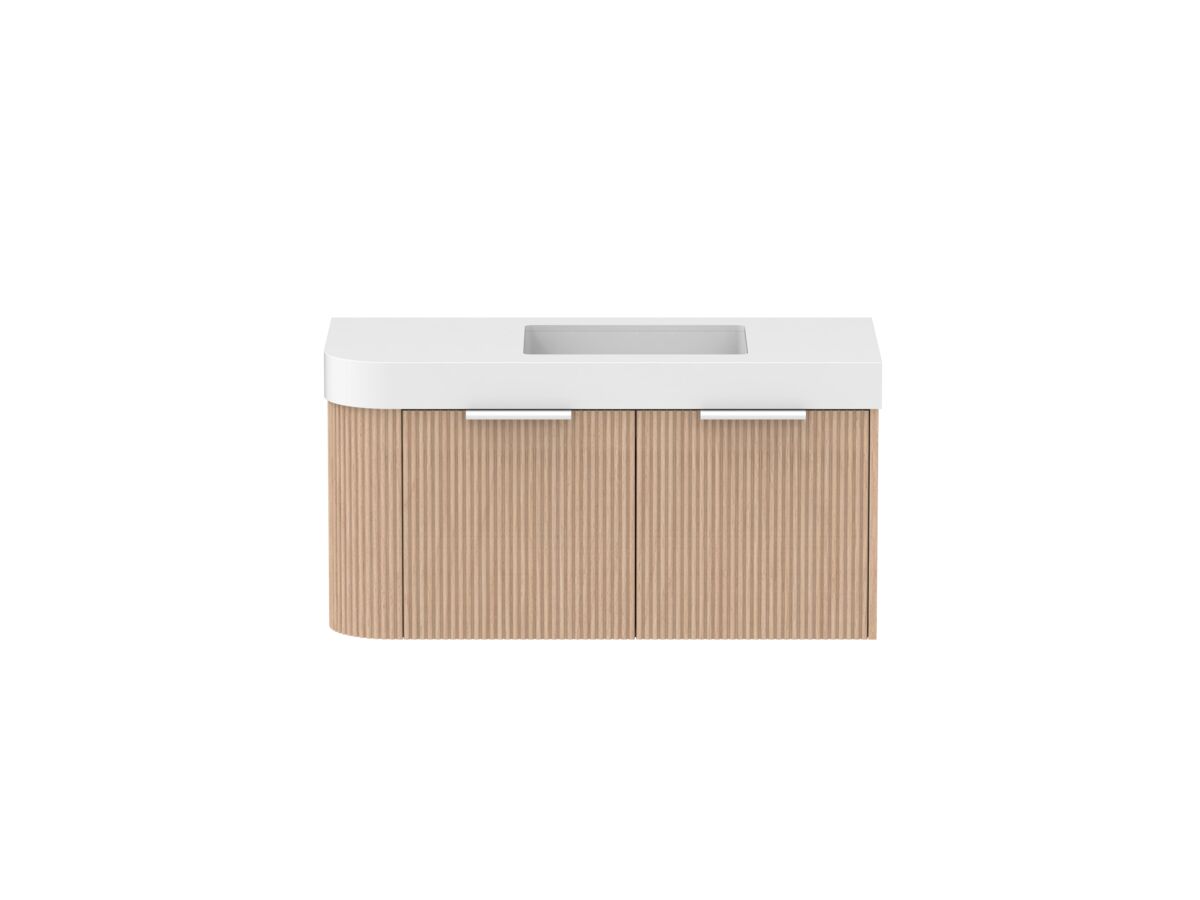 Supporting Image - Kado Neue Fluted Single Curve All Drawer 1050mm Wall Hung Vanity with Centre Basin Durasein 90mm Top Blonde Oak