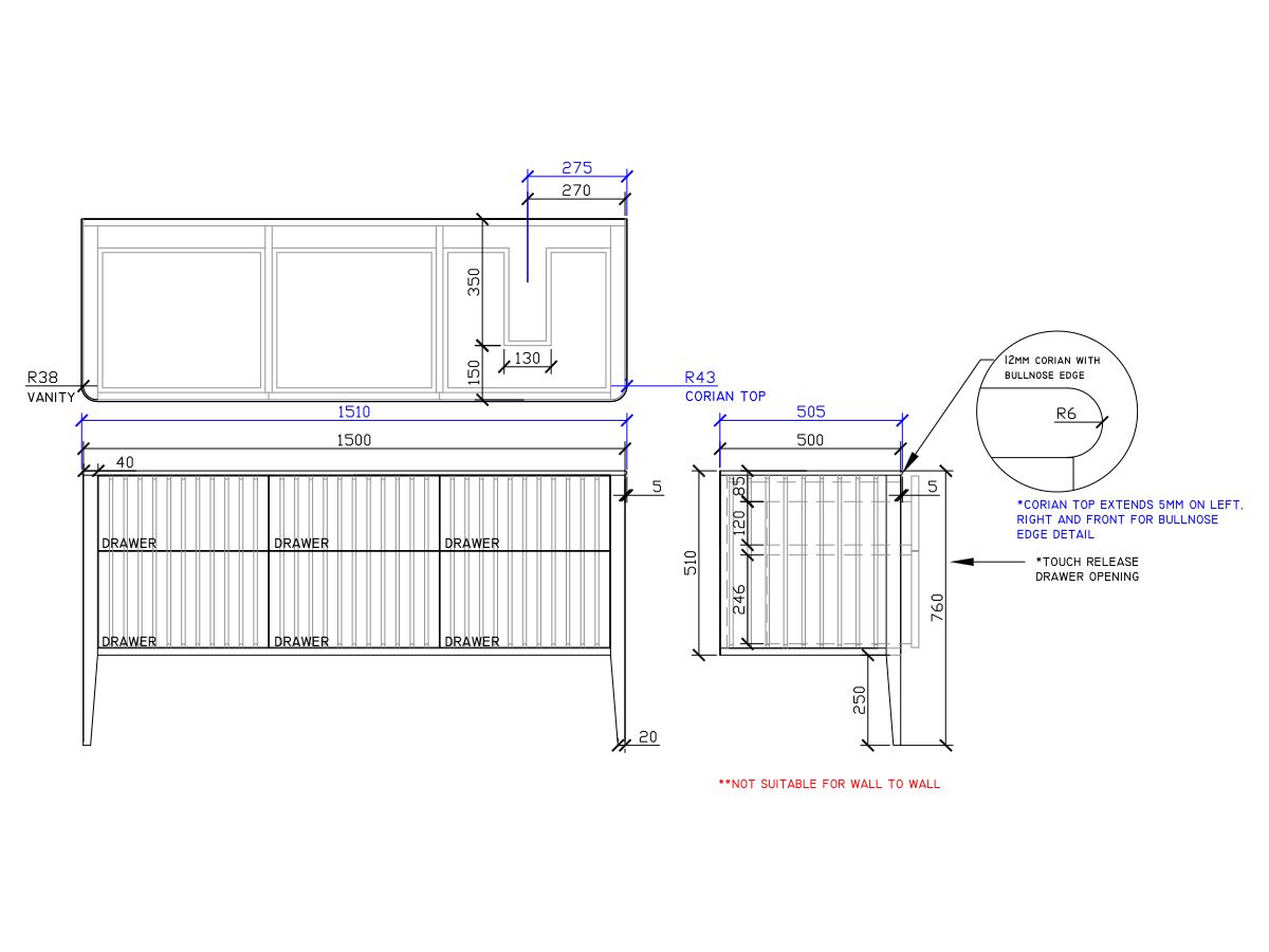 ISSY Cloud II 1500mm x 500mm x 760mm Vanity Unit with Legs 6 Touch Latch Drawers (No Basin)