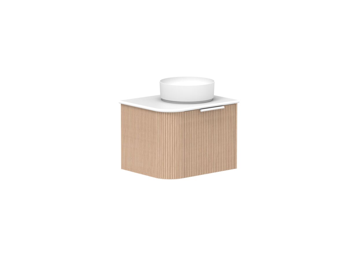 Supporting Image 2- Kado Neue Fluted Single Curve All Drawer 600mm Wall Hung Vanity with Centre Basin 20mm Top Blonde Oak