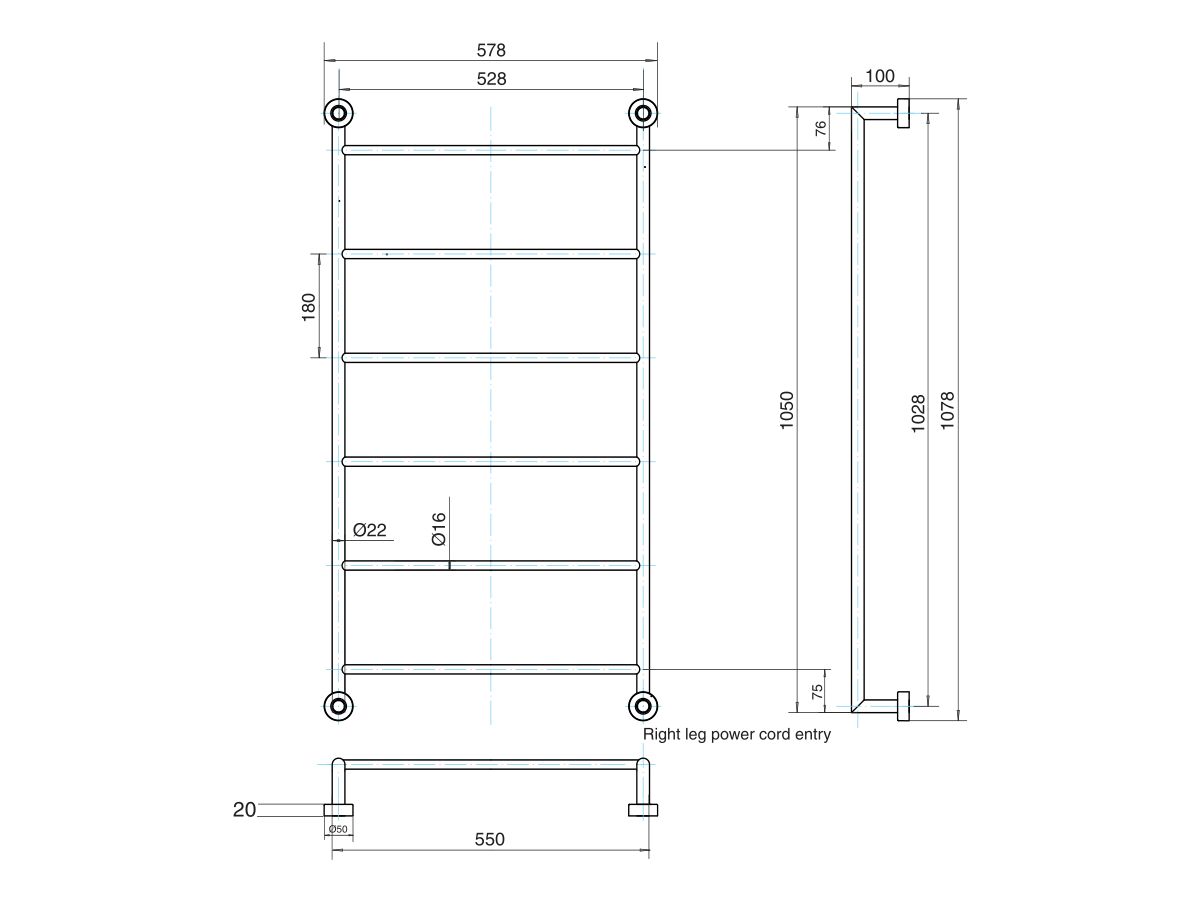 Mizu Drift Heated Towel Rail 550mm x 1050mm Polished Stainless Steel