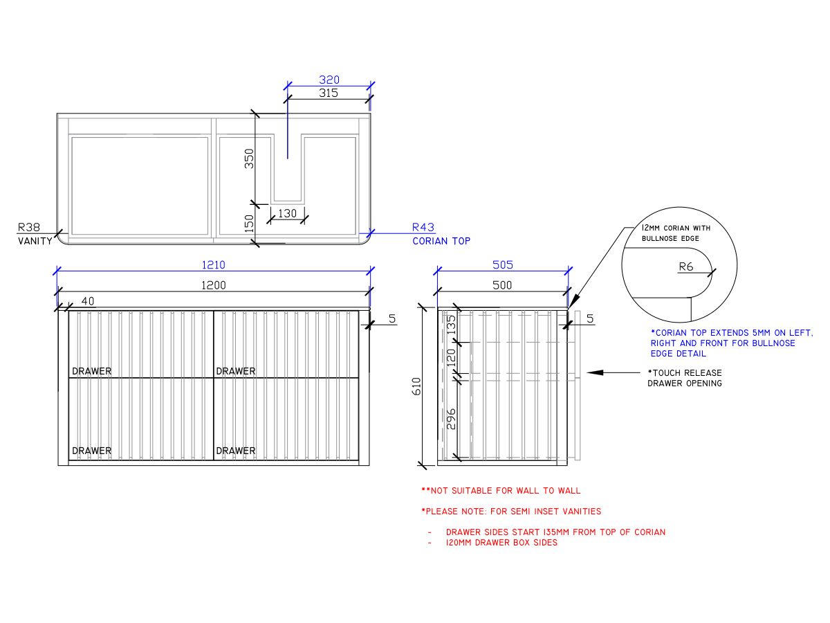 ISSY Cloud II 1200mm x 500mm x 610mm Wall Hung Vanity Unit 4 Touch Latch Drawers Semi Inset (No Basin)