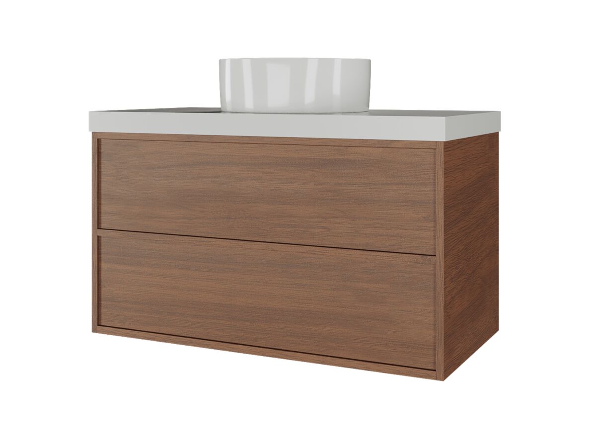 Supporting Image - Kado Aspect Wall Hung Vanity Unit 900mm 2 Drawer Caesarstone Mineral 50mm Top - Florentine Walnut