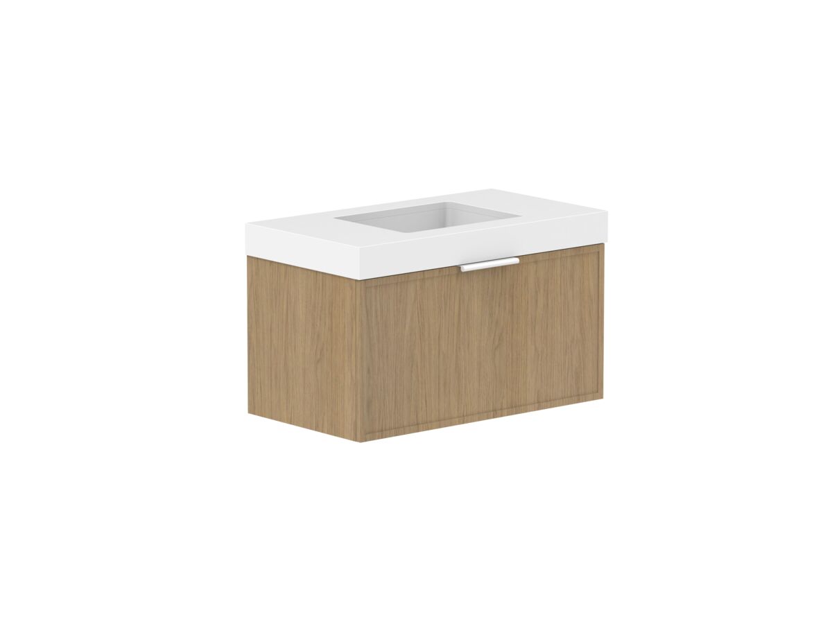 Hero - Kado Lux Slim All Drawer 900mm Wall Hung Vanity with Centre Basin 90mm Top Boston Oak