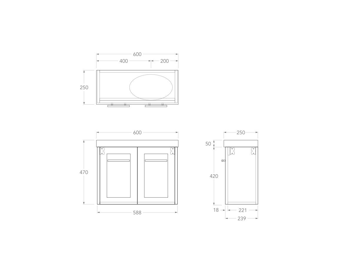 Technical Drawing - Kado Lux Petite Vanity Unit Wall Hung 600mm Right Bowl 50mm Top (Basin Included)