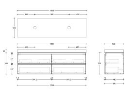 Technical Drawing - Posh Domaine 1800mm Wall Hung Twin Vanity Unit All-Drawer Double Bowl 90mm Top
