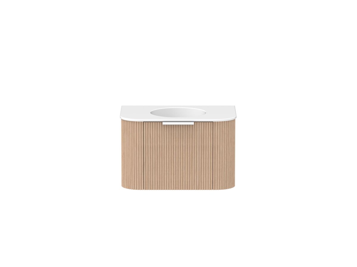 Supporting Image - Kado Neue Fluted Double Curve 750mm Wall Hung Vanity Centre Basin Matte White Ceramic Top Blonde Oak