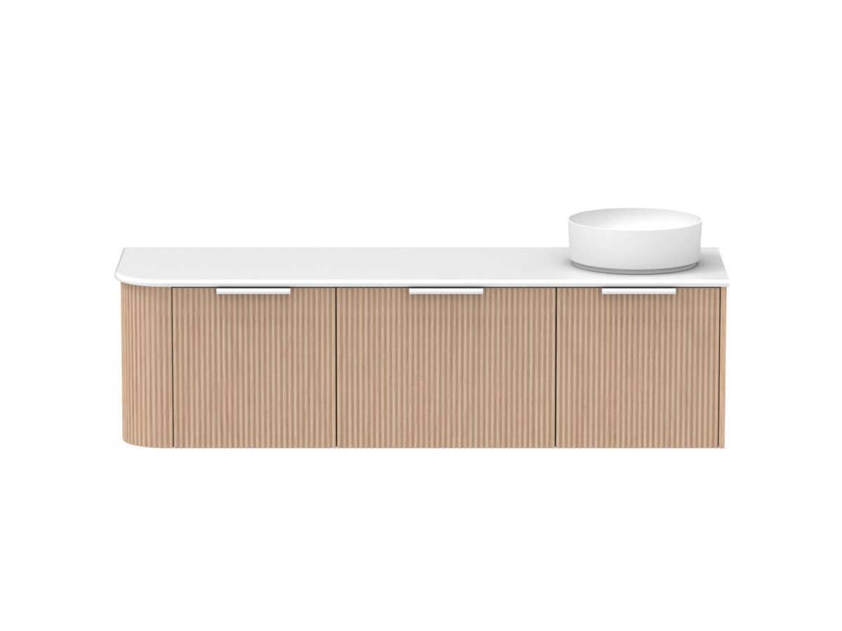 Supporting Image - Kado Neue Fluted Single Curve All Drawer 1650mm Wall Hung Vanity with Right Hand Basin 20mm Top Blonde Oak