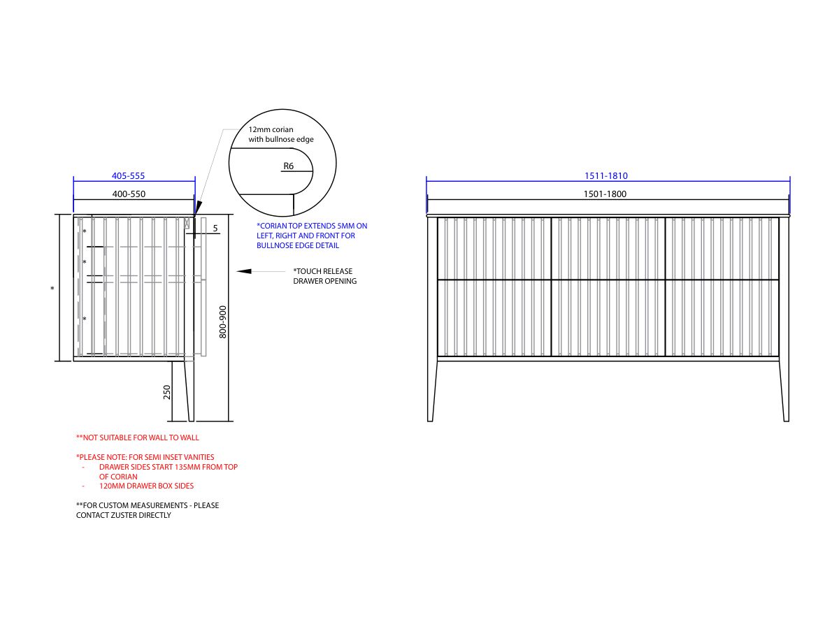 ISSY Custom Cloud II 1501-1800mm x 400-550mm x 800-900mm Vanity Unit with Legs 6 Touch Latch Drawers Semi Inset (No Basin)