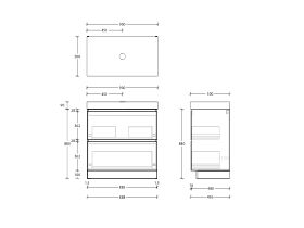 Technical Drawing - Posh Domaine All-Drawer Twin 900mm Floor Mounted Vanity Unit 90mm Top