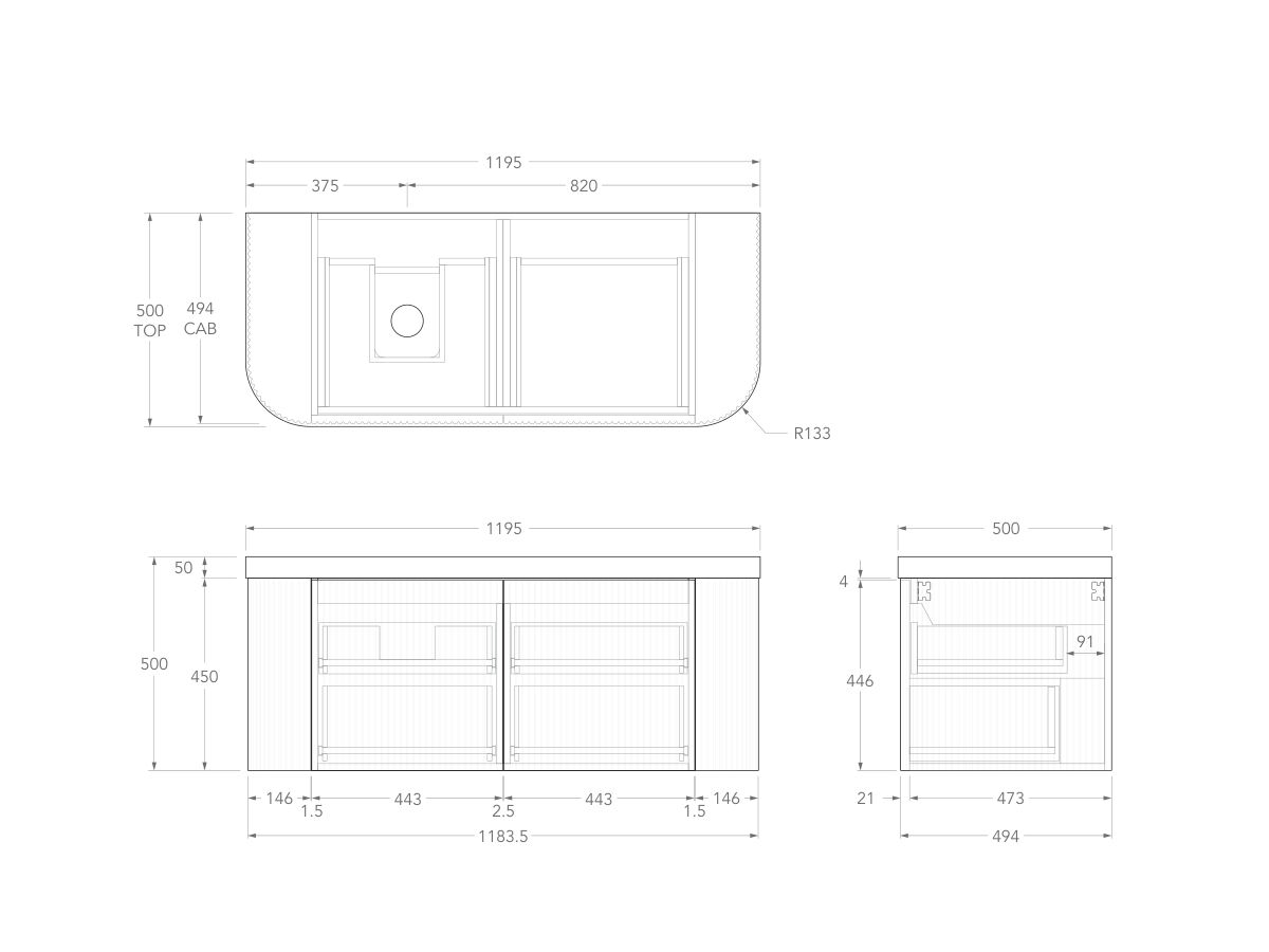 Technical Drawing - Kado Neue Fluted Double Curve All Drawer 1200mm Wall Hung Vanity with Left Hand Basin Durasein 50mm Top