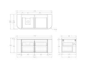 Technical Drawing - Kado Neue Fluted Double Curve All Drawer 1200mm Wall Hung Vanity with Left Hand Basin Durasein 50mm Top