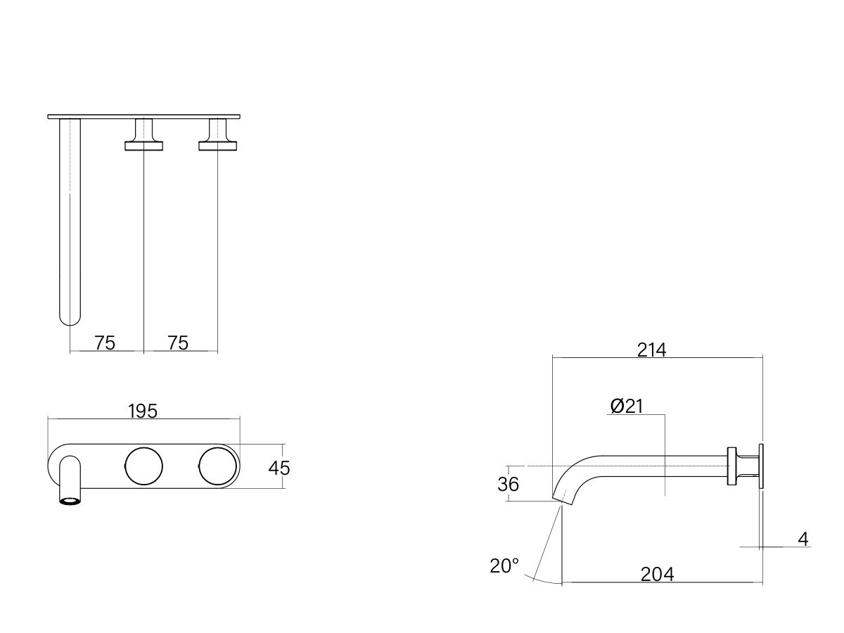 Technical Drawing - Faucet Strommen Vara Disc Wall Basin / Bath Hostess Tap System Right Hand 200mm (6 Star) Lead Free