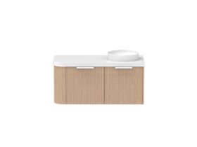 Supporting Image - Kado Neue Fluted Single Curve All Drawer 1050mm Wall Hung Vanity with Right Hand Basin Durasein 50mm Top Blonde Oak