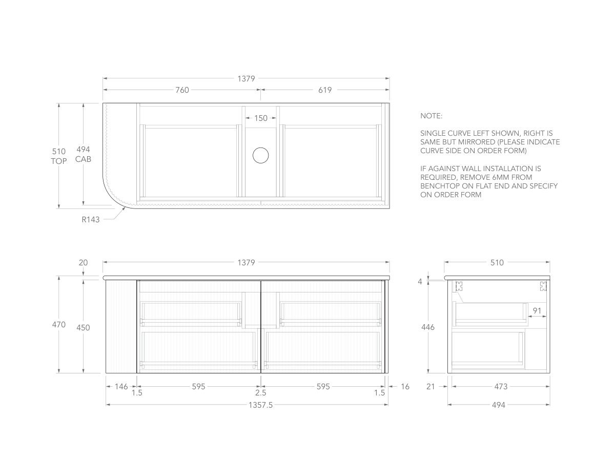 Technical Drawing - Kado Neue Fluted Single Curve All Drawer 1350mm Wall Hung Vanity with Centre Basin 20mm Top