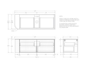 Technical Drawing - Kado Neue Fluted Single Curve All Drawer 1350mm Wall Hung Vanity with Centre Basin 20mm Top