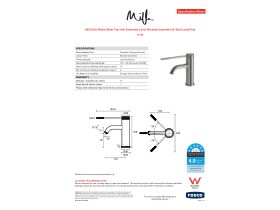 Specification Sheet - Milli Etch Basin Mixer Tap with Extended Lever Brushed Gunmetal (6 Star) Lead Free