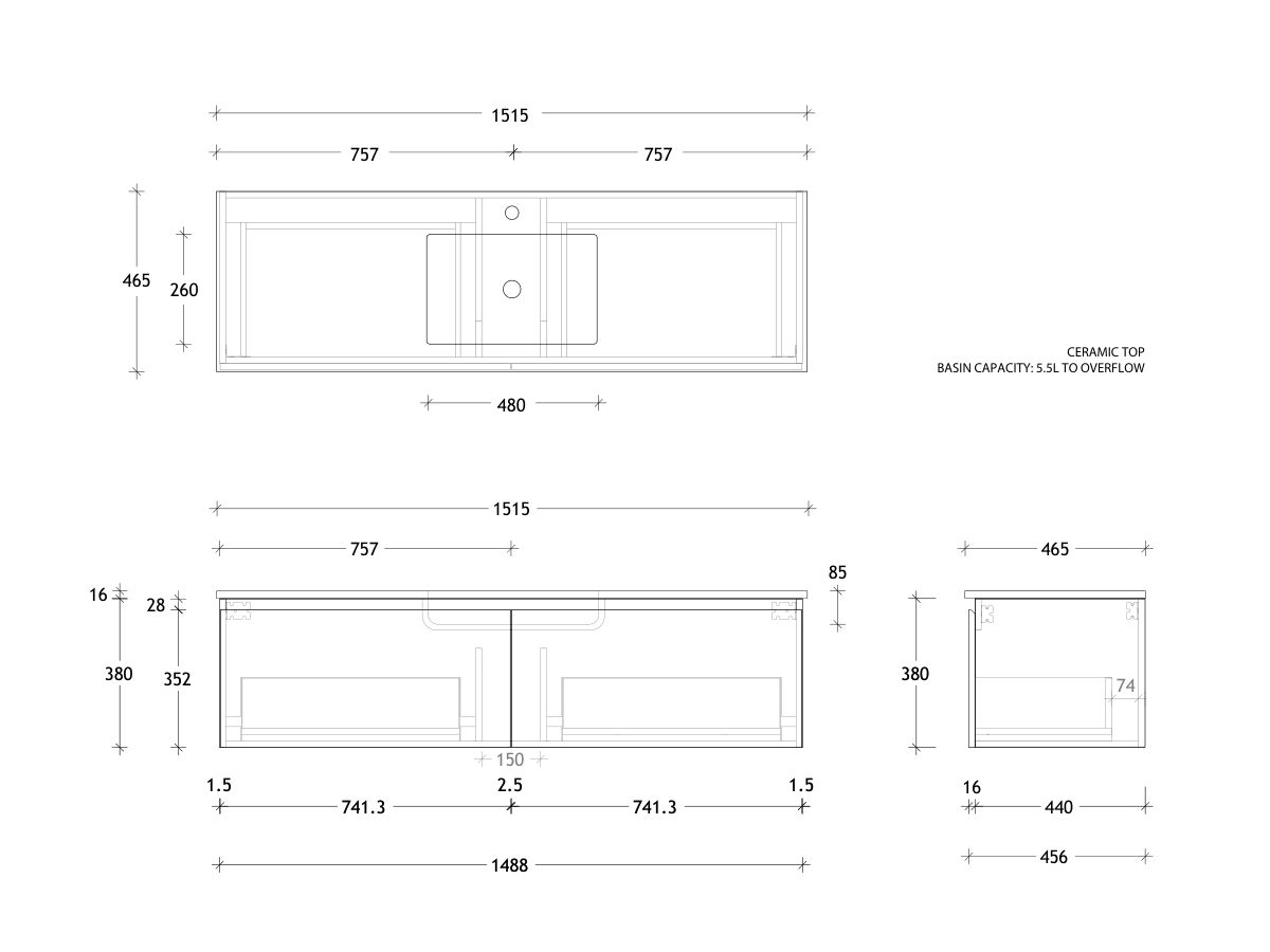 Posh Domaine All-Drawer Single 1500 Single Wall Hung Ceramic