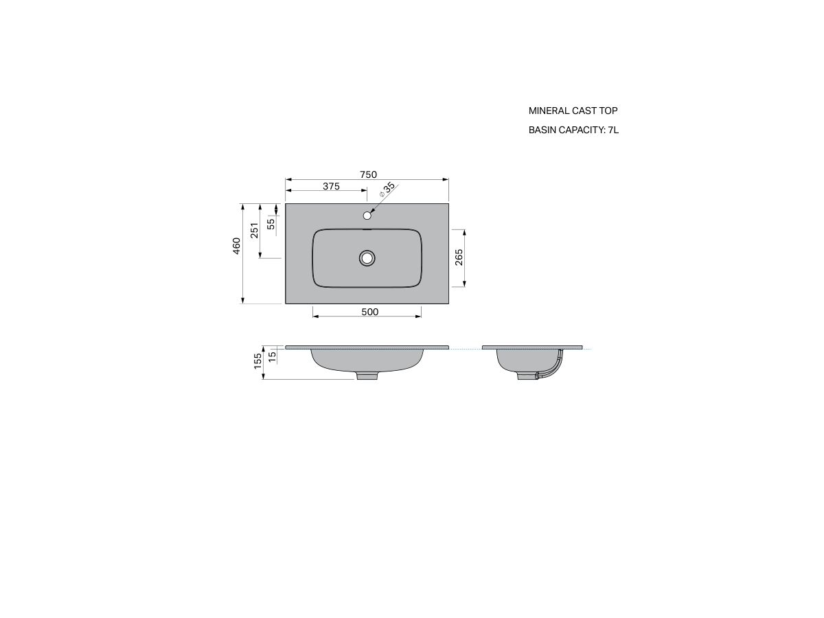 Technical Drawing - Posh Domaine Mineral Cast Top 750mm