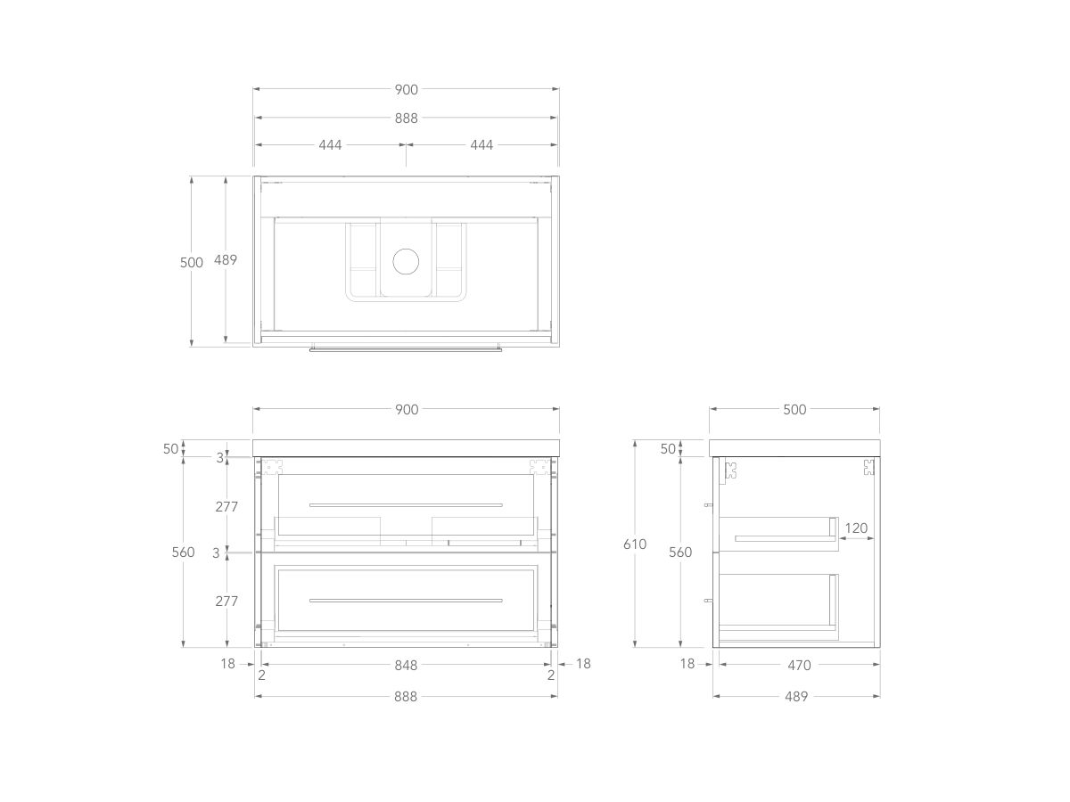 Technical Drawing - Kado Lux 900mm All Drawer Wall Hung Vanity Unit 2 Drawers Centre Bowl Vanity 50mm Top