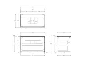 Technical Drawing - Kado Lux 900mm All Drawer Wall Hung Vanity Unit 2 Drawers Centre Bowl Vanity 50mm Top